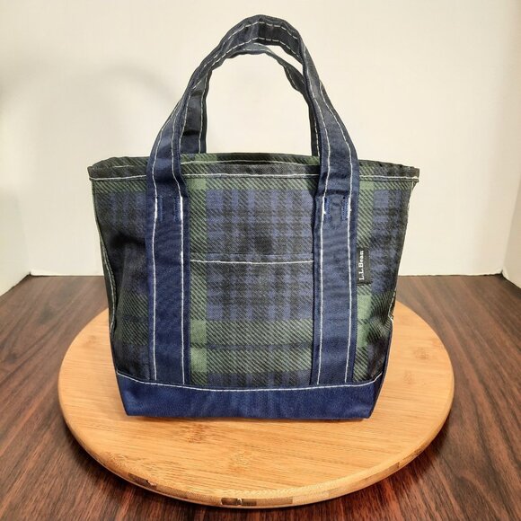 L.L. Bean Handbags - LL Bean Mini Tote Bag Green Blue Nylon Plaid Everyday Lightweight 297818